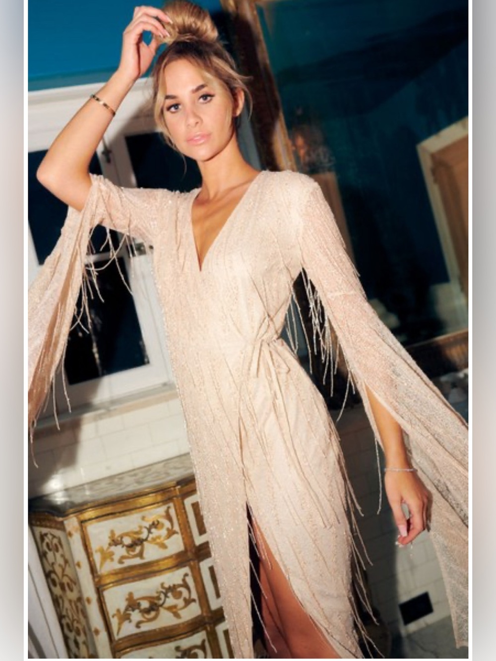ASOS Champagne Blush Beaded Fringe Extreme Batwing Sleeve Wrap Dress